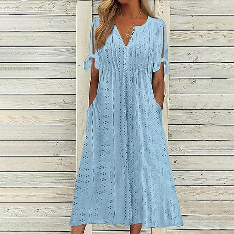 Eyelet Broderie V-Neck Tie Sleeve Empire Waist Pocket Midi Dress 3