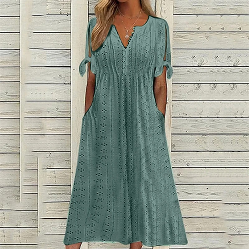 Eyelet Broderie V-Neck Tie Sleeve Empire Waist Pocket Midi Dress 6