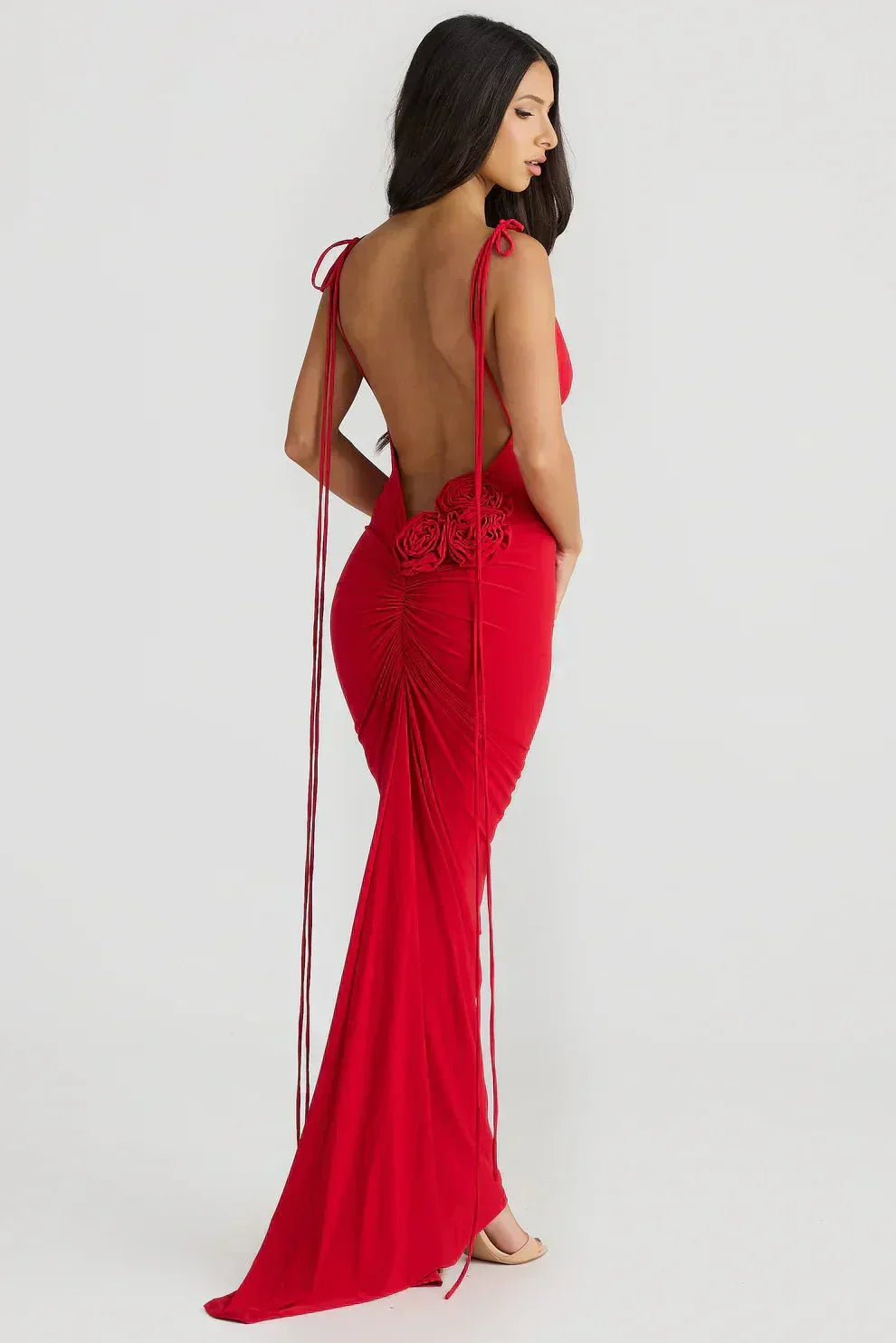 Backless Knot Draped Satin Maxi Gown 3