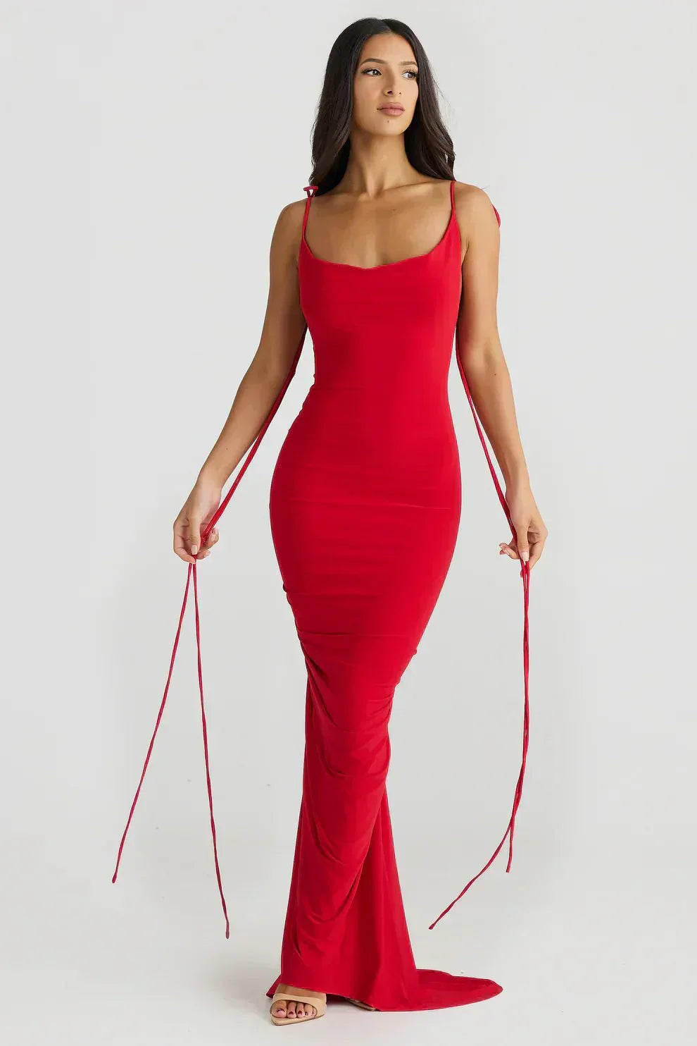 Backless Knot Draped Satin Maxi Gown 4