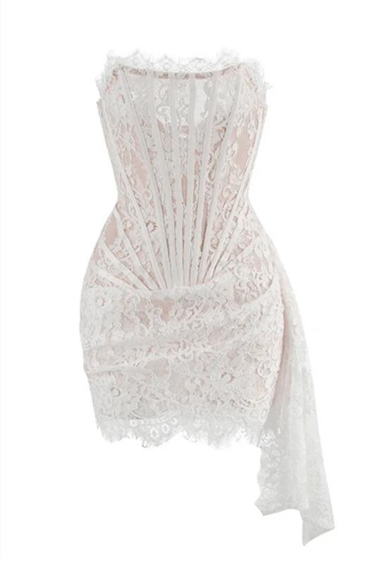 Strapless Floral Lace Corset Boned Bodice Draped Mini Dress 4