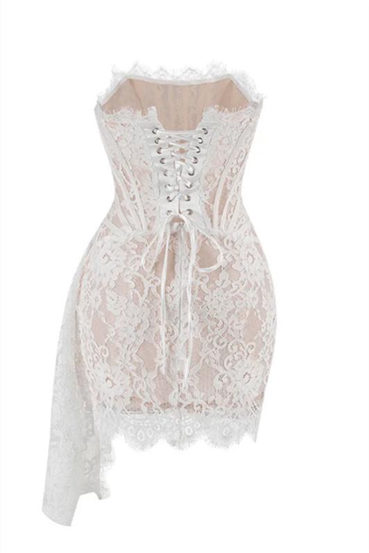 Strapless Floral Lace Corset Boned Bodice Draped Mini Dress 5