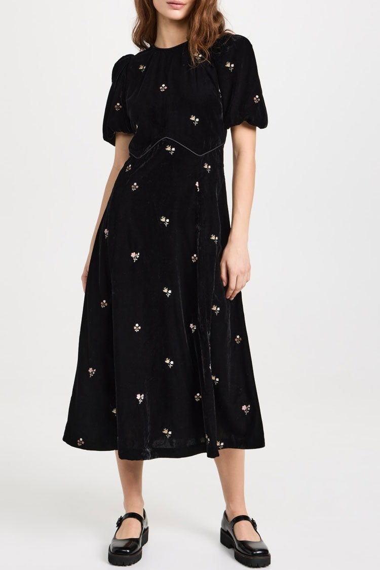 Floral Embroidered Puff Sleeve Crew Neck Velvet Midi Dress