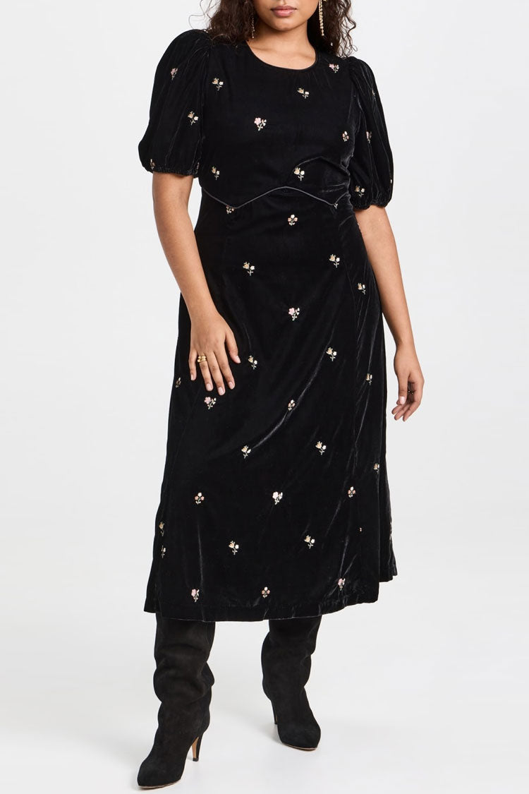 Floral Embroidered Puff Sleeve Crew Neck Velvet Midi Dress 2
