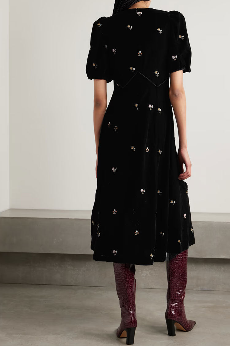 Floral Embroidered Puff Sleeve Crew Neck Velvet Midi Dress 4