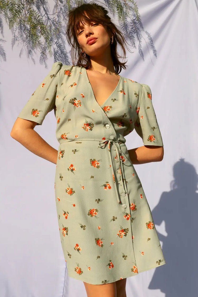 Ditsy Floral Print V-Neck Wrap Tie-Waist Front Button Puff Sleeve Mini Dress