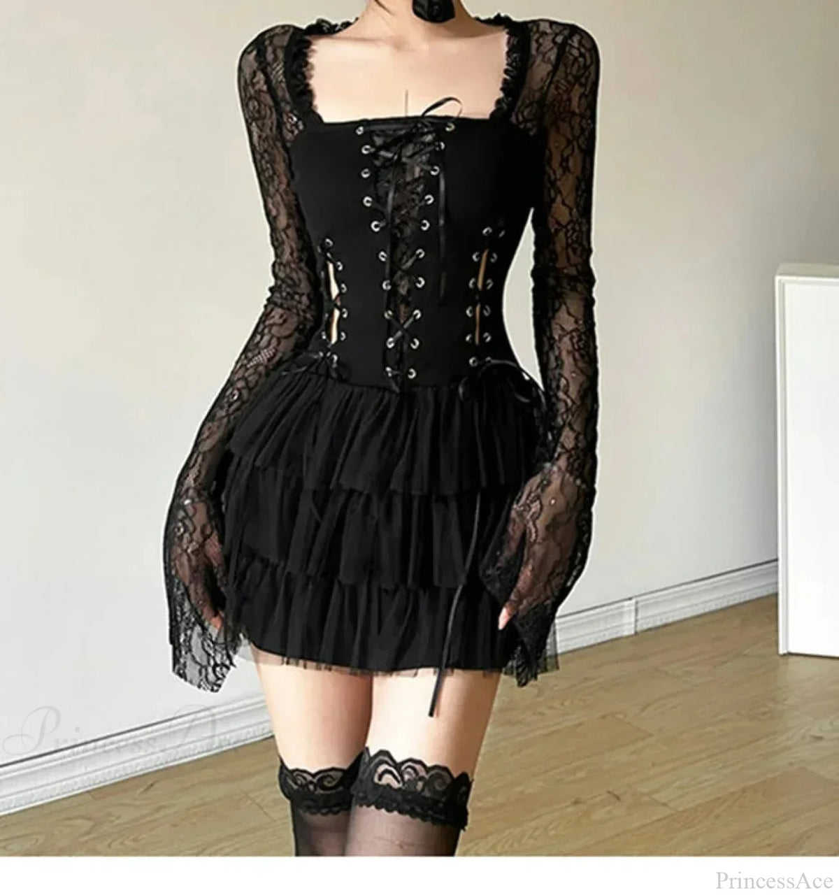 Lace-Up Corset Square Neck Sheer Sleeve Tiered Ruffle Gothic Mini Dress
