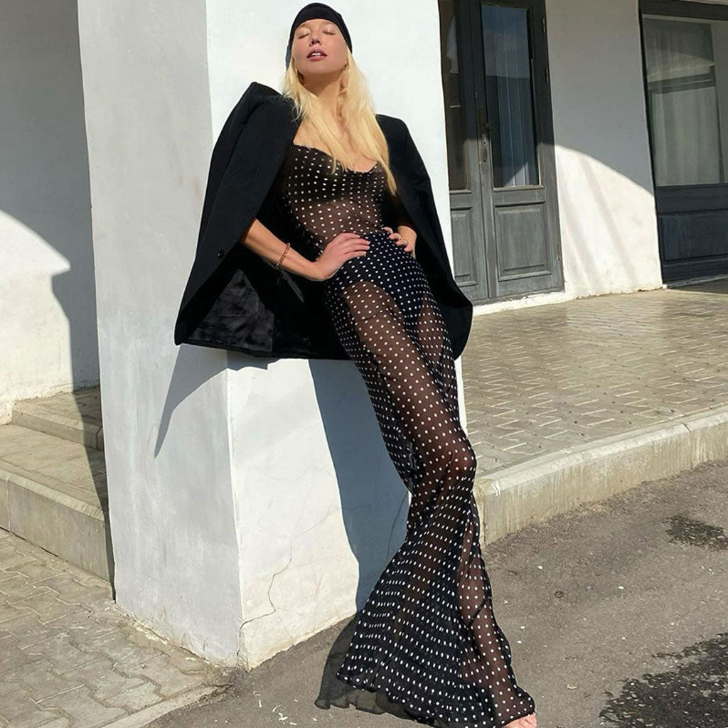 Cowl Neck Spaghetti Strap Polka Dot Sheer Wide Leg Jumpsuit 2