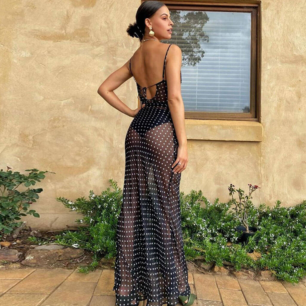 Cowl Neck Spaghetti Strap Polka Dot Sheer Wide Leg Jumpsuit 3