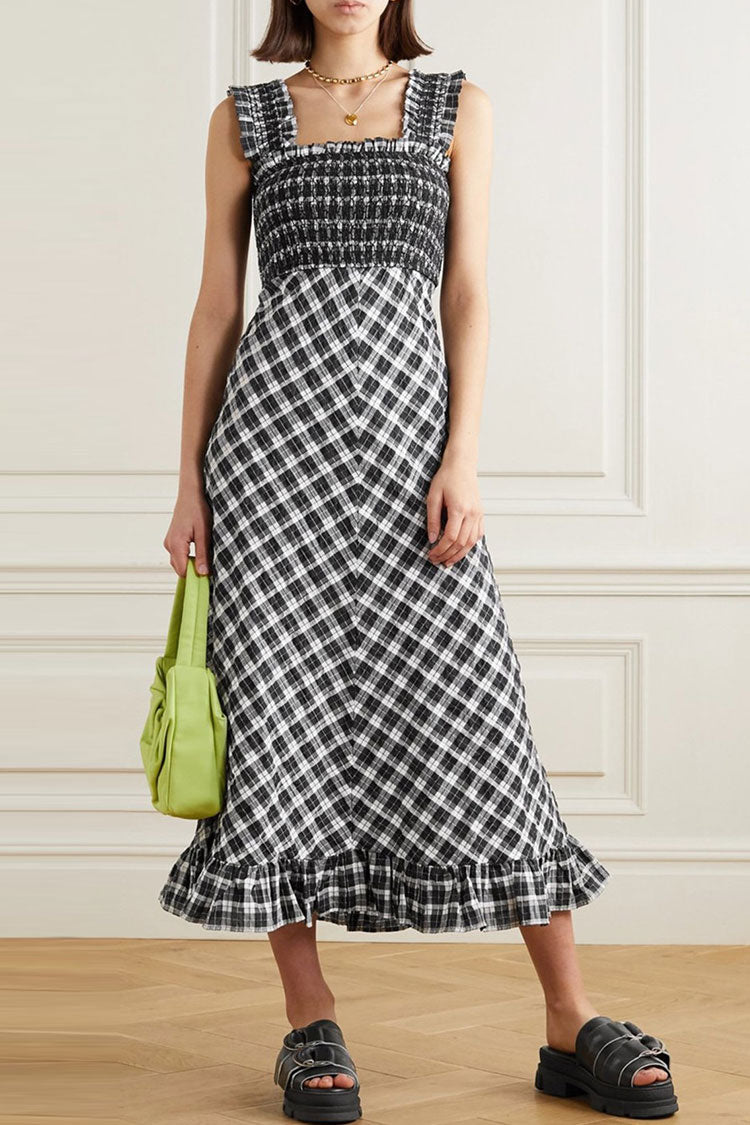 Square Neck Smocked Gingham Bias Cut Ruffle Hem Midi Dress