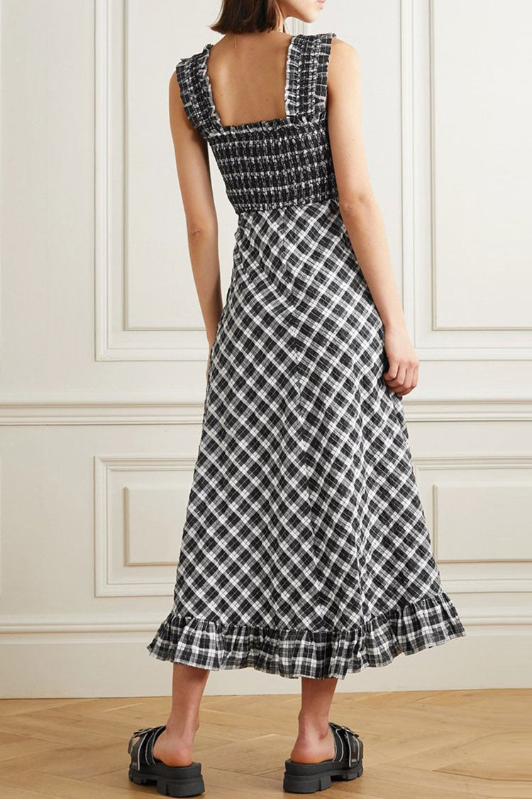 Square Neck Smocked Gingham Bias Cut Ruffle Hem Midi Dress 2