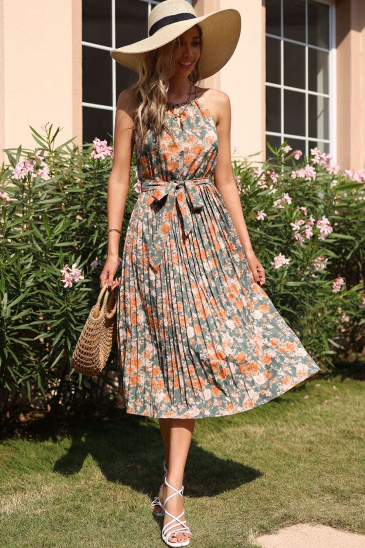 Halter Neck Pleated Tie Back A-Line Floral Print Midi Dress 2