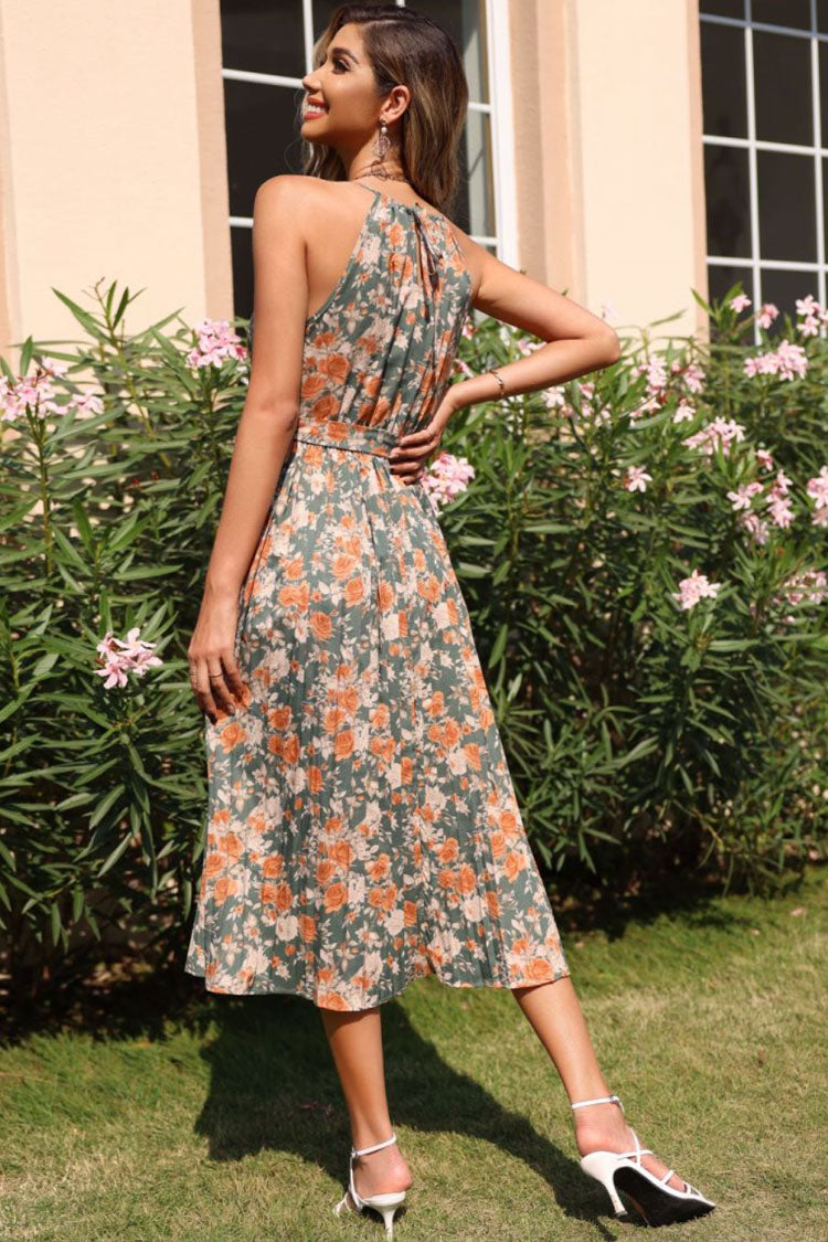 Halter Neck Pleated Tie Back A-Line Floral Print Midi Dress 3