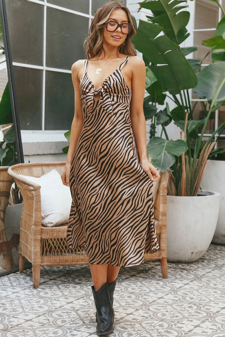 Zebra Print Deep V-Neck Tie Front Cut Out Satin Slip Midi Dress 2
