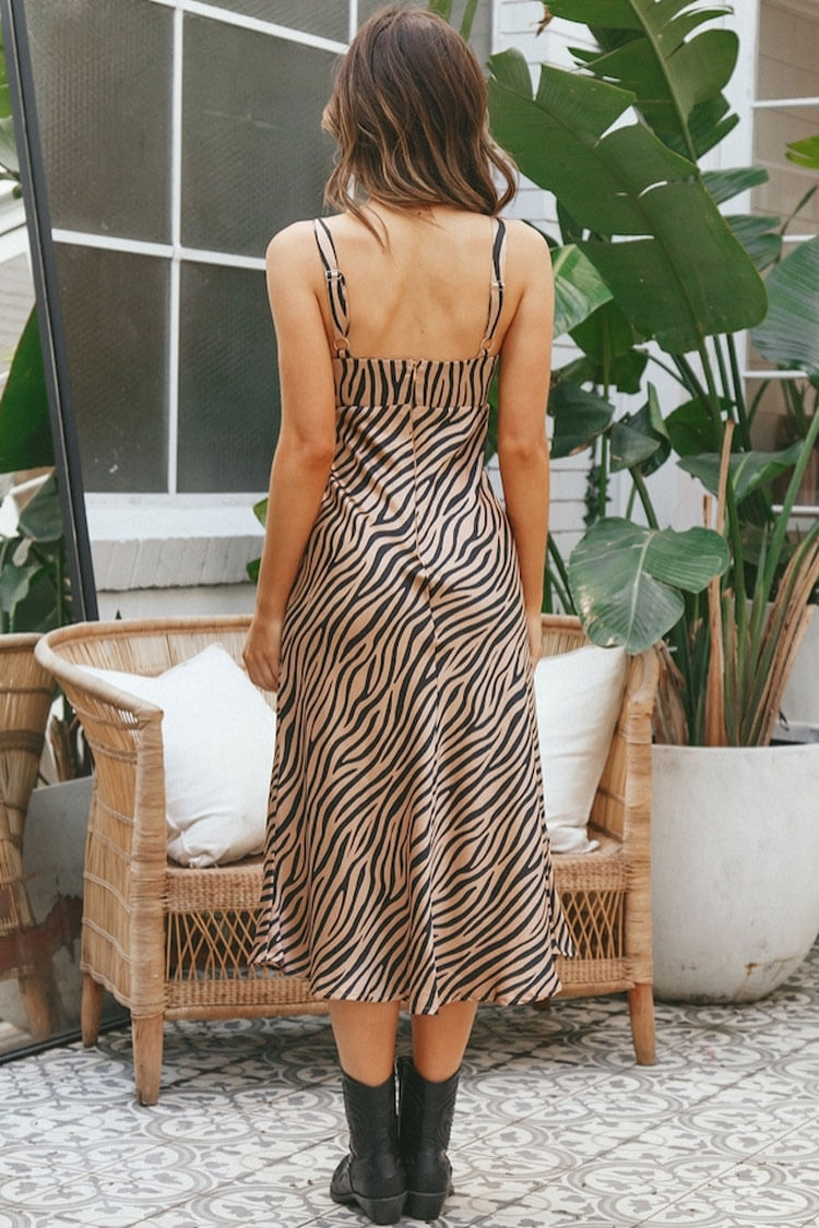 Zebra Print Deep V-Neck Tie Front Cut Out Satin Slip Midi Dress 4