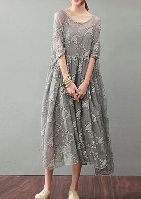 Round Neck Floral Embroidery Sheer Mesh Empire Waist Layered Maxi Dress