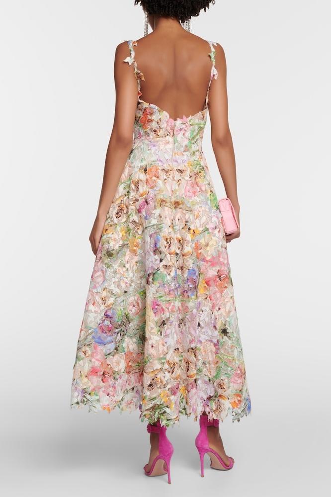 Floral 3D Lace Applique Sweetheart Neckline Frayed Hem A-Line Midi Dress 2