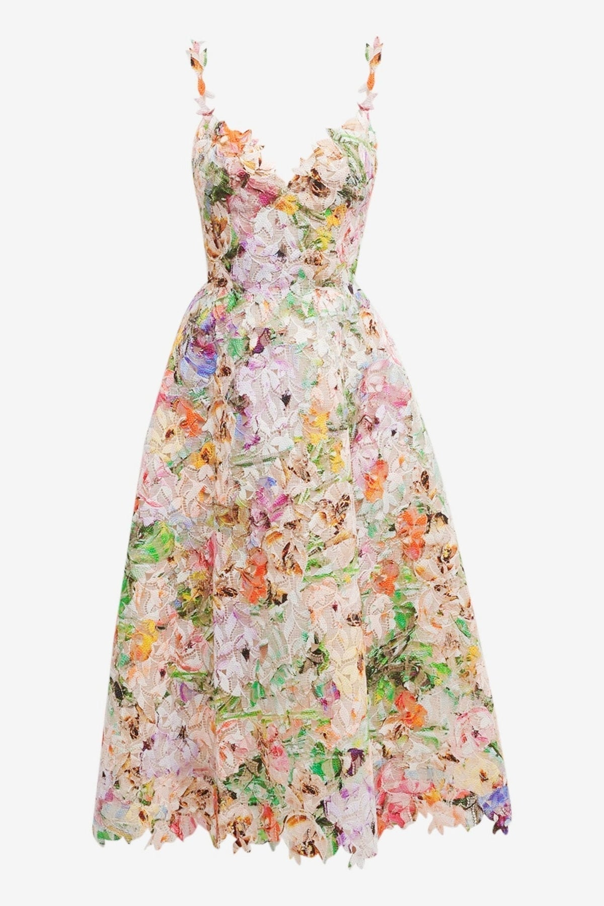 Floral 3D Lace Applique Sweetheart Neckline Frayed Hem A-Line Midi Dress 4