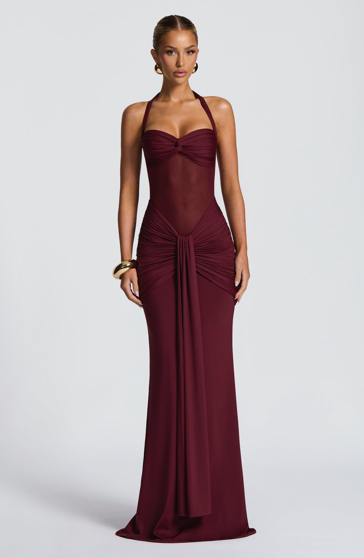 Halter Sweetheart Twist Knot Ruched Cup Mesh Panel Draped Maxi Gown