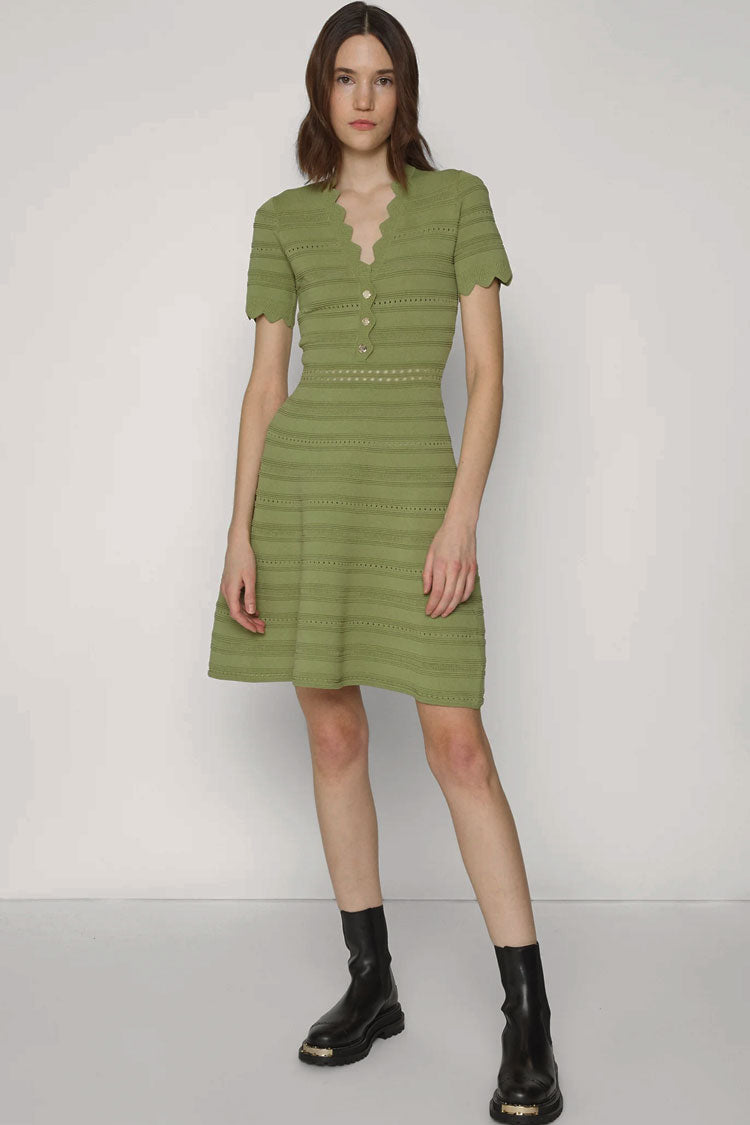 Scalloped V-Neck Henley Button Pointelle Knit Mini Sweater Dress 2