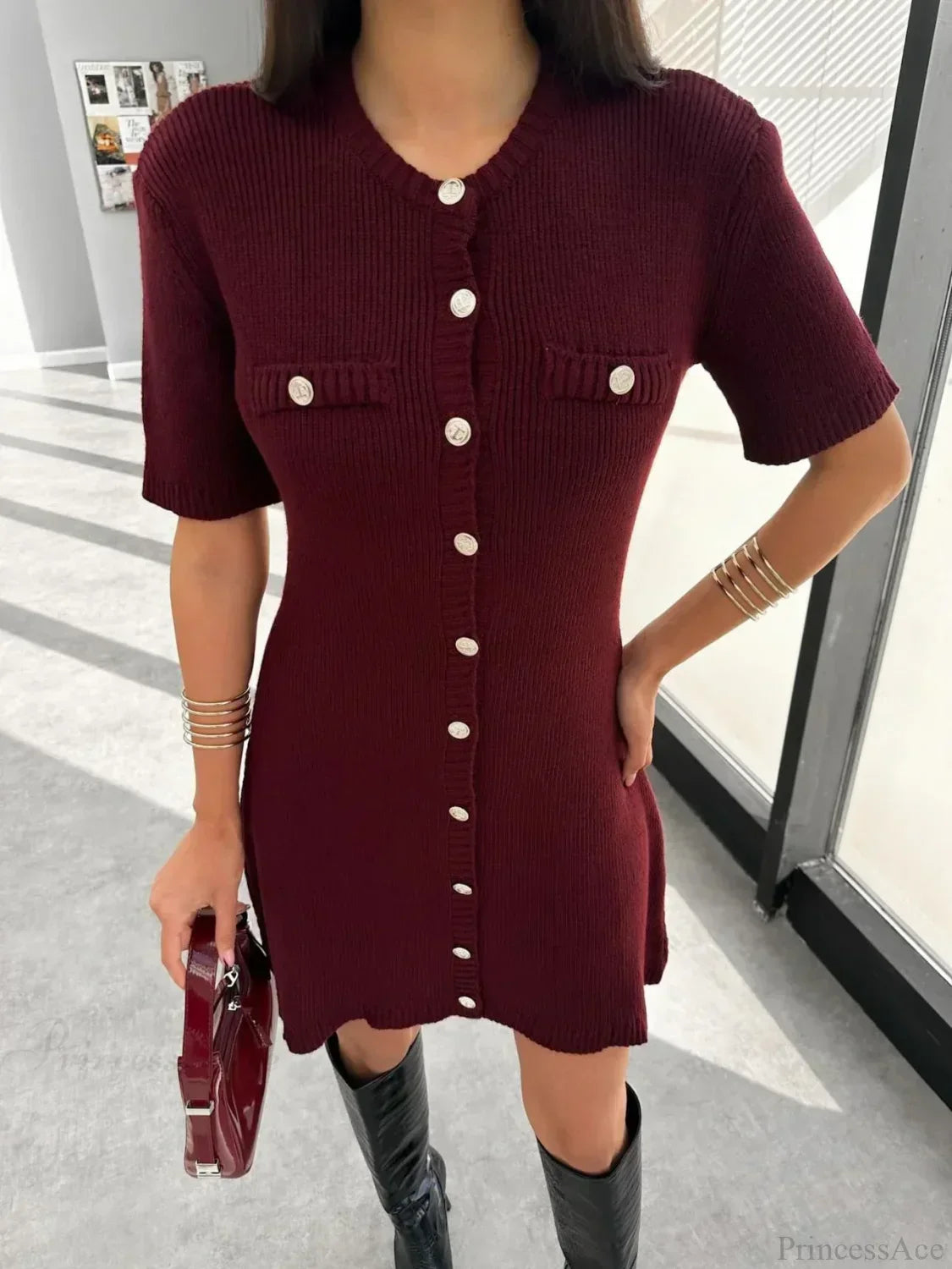 Ribbed Knit Button Front Pocket Detail Mini Dress 4