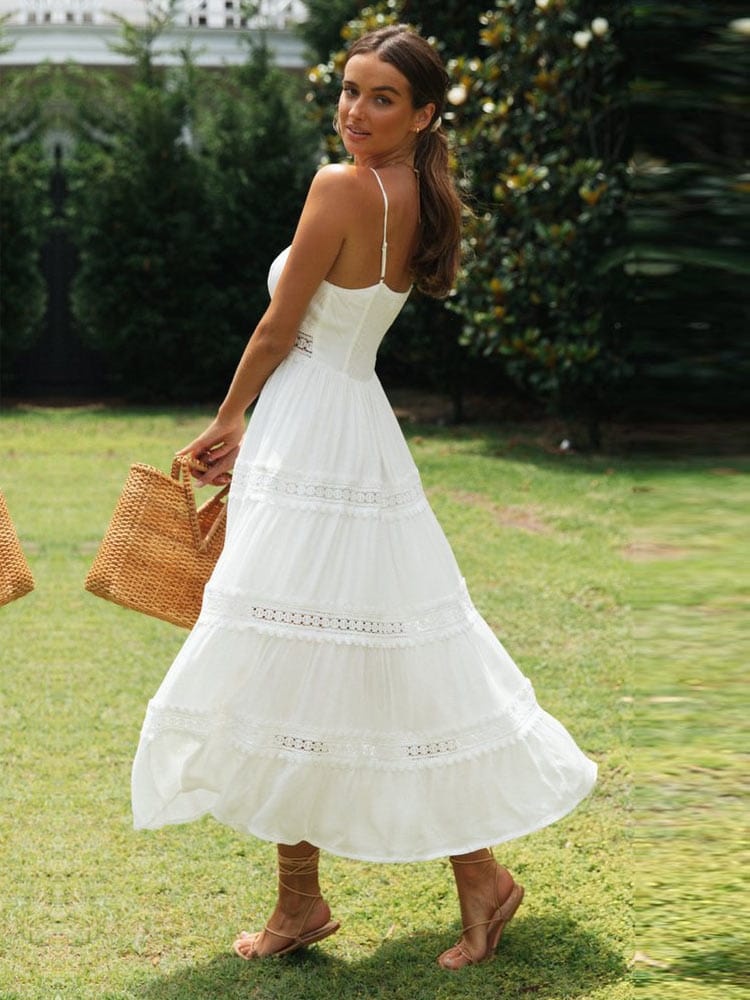 Crochet Trim Tie Front Empire Waist Tiered Spaghetti Strap Maxi Dress 3