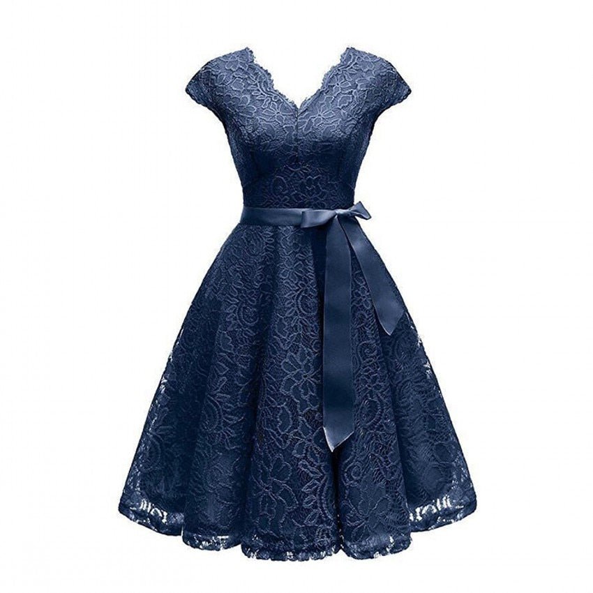 Floral Lace V-Neck Cap Sleeve Satin Sash Tie Fit-and-Flare Midi Dress 2