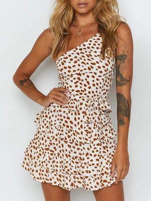 Cheetah Spot Print One-Shoulder Self-Tie Tiered Ruffle Mini Dress