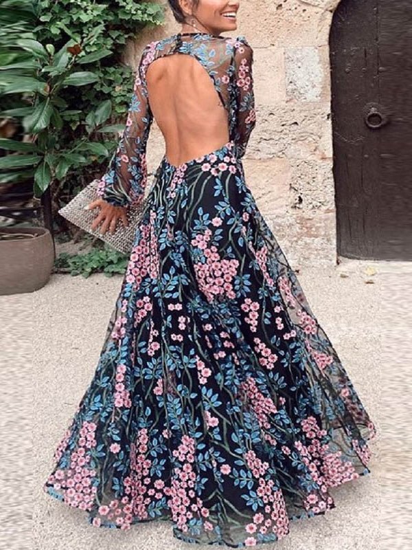 Round Neck Long Sleeve Floral Embroidery Open Back Sheer Maxi Dress