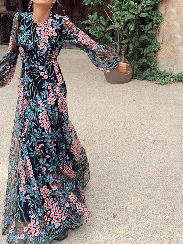 Round Neck Long Sleeve Floral Embroidery Open Back Sheer Maxi Dress 3