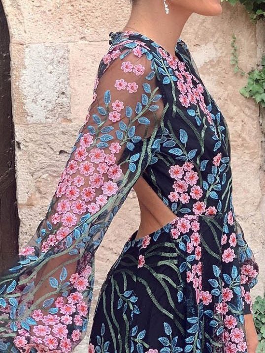 Round Neck Long Sleeve Floral Embroidery Open Back Sheer Maxi Dress 4