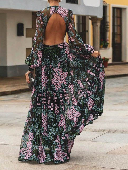 Round Neck Long Sleeve Floral Embroidery Open Back Sheer Maxi Dress 2