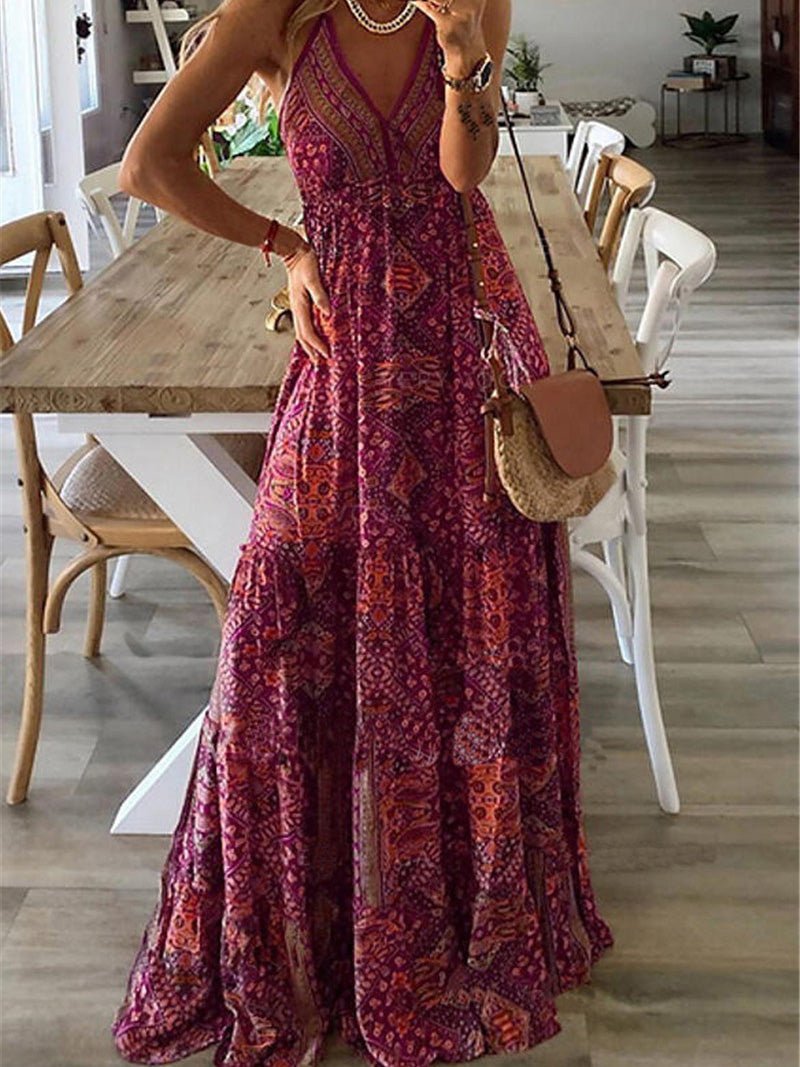 Bohemian Print Halter Neck Deep V-Neck Tiered Maxi Dress 2