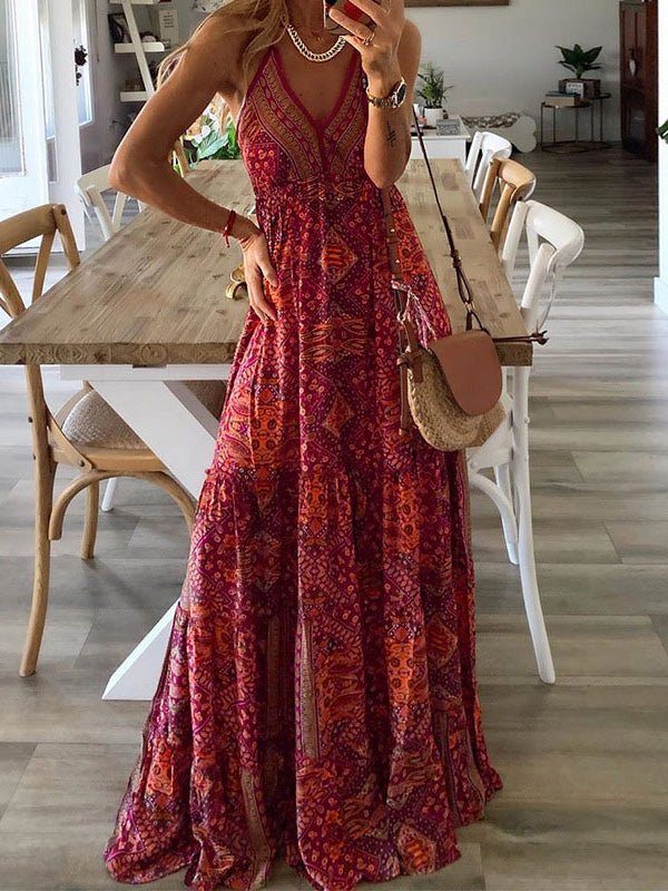 Bohemian Print Halter Neck Deep V-Neck Tiered Maxi Dress