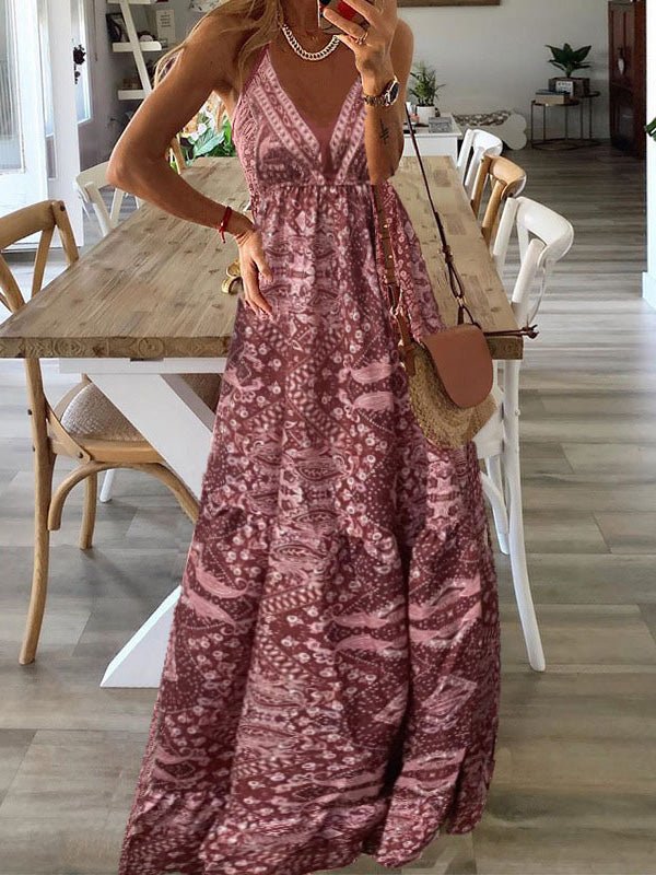 Bohemian Print Halter Neck Deep V-Neck Tiered Maxi Dress 3