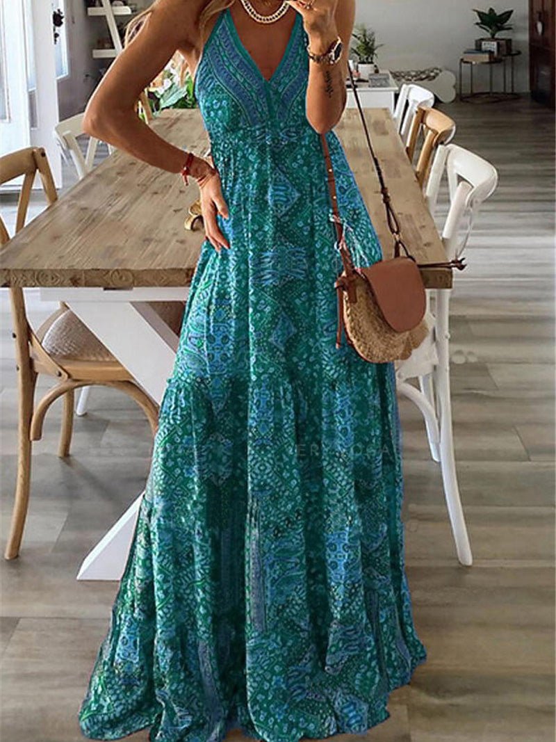 Bohemian Print Halter Neck Deep V-Neck Tiered Maxi Dress 5