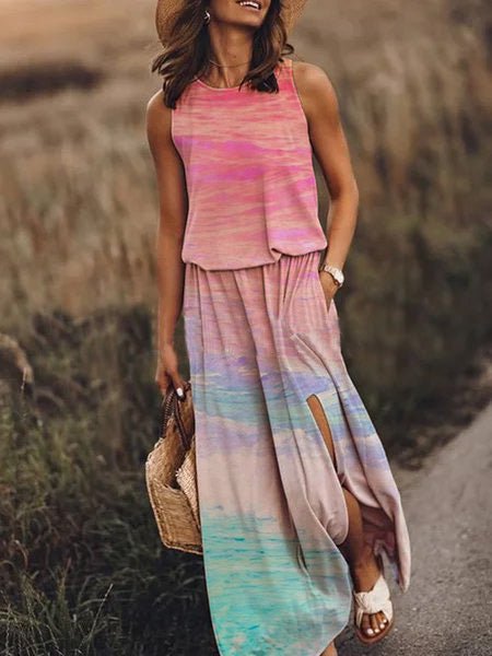 Geometric Tribal Print Crew Neck Sleeveless Pocket Side Slit Maxi Dress 3
