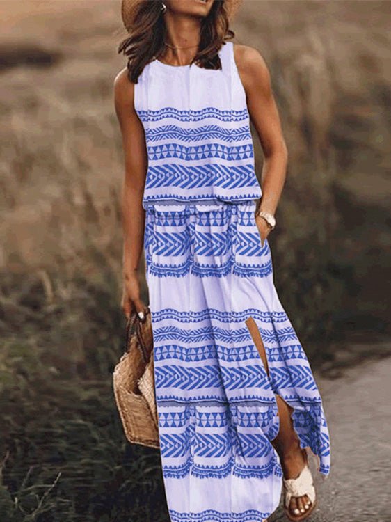Geometric Tribal Print Crew Neck Sleeveless Pocket Side Slit Maxi Dress 2
