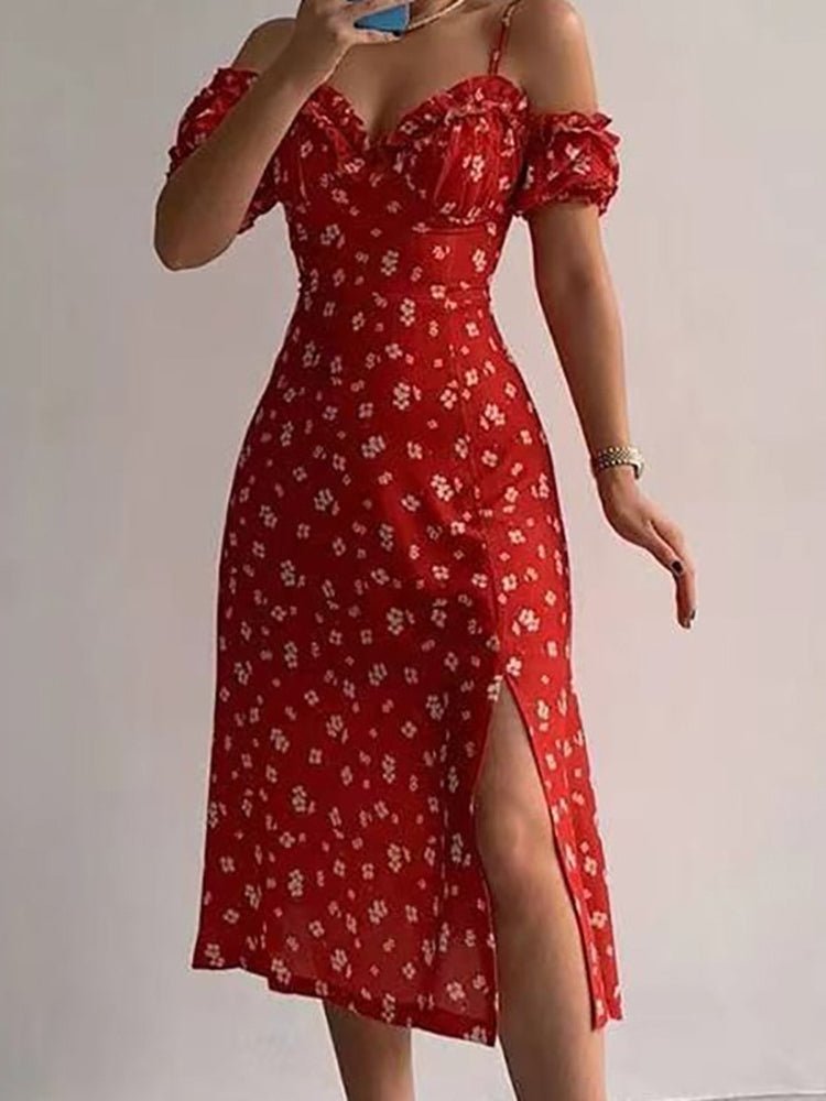 Ditsy Floral Ruffle Trim Sweetheart Off-Shoulder Puff Sleeve High Slit Midi Dress 2
