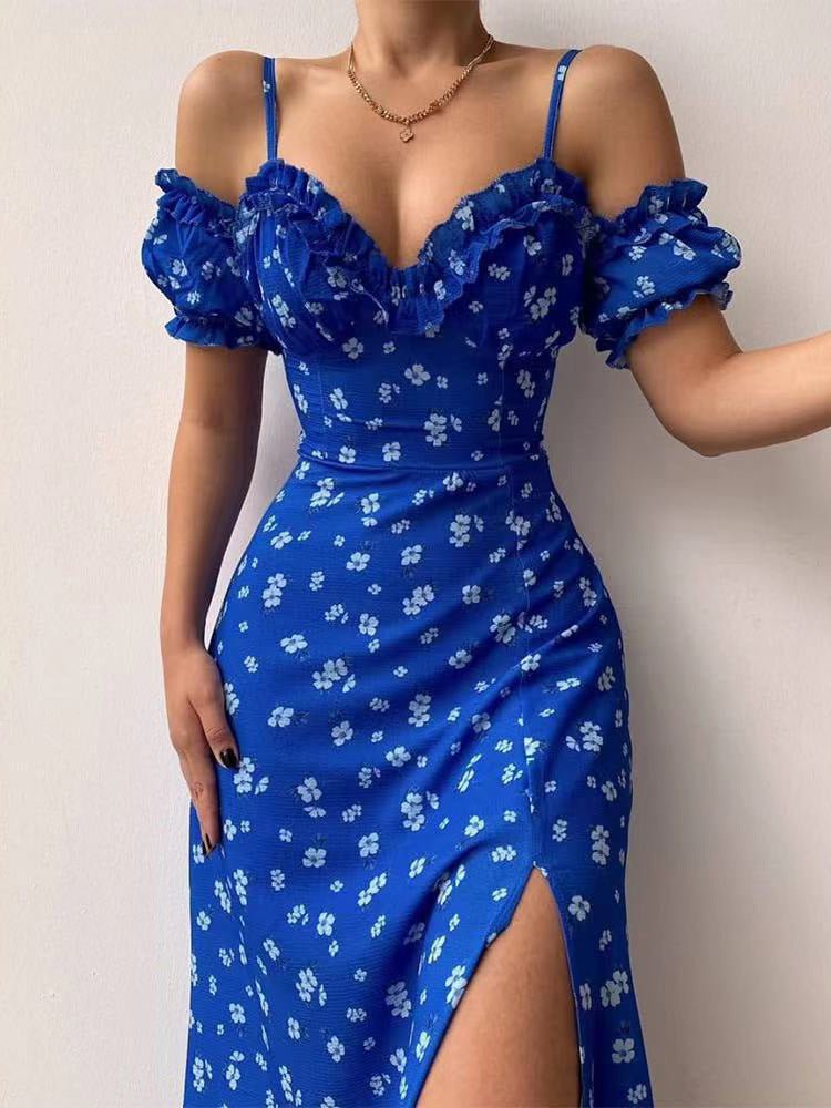 Ditsy Floral Ruffle Trim Sweetheart Off-Shoulder Puff Sleeve High Slit Midi Dress 4