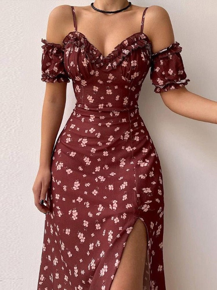 Ditsy Floral Ruffle Trim Sweetheart Off-Shoulder Puff Sleeve High Slit Midi Dress 3