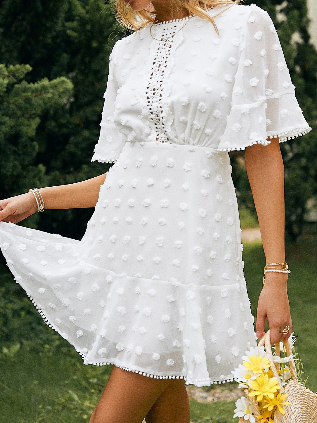 Swiss Dot Crochet Lace Panel Flutter Sleeve Pom Pom Trim Mini Dress 2