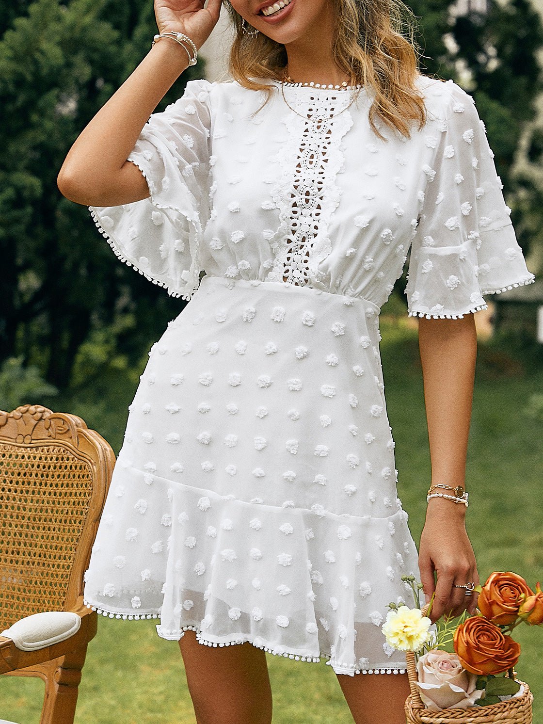 Swiss Dot Crochet Lace Panel Flutter Sleeve Pom Pom Trim Mini Dress
