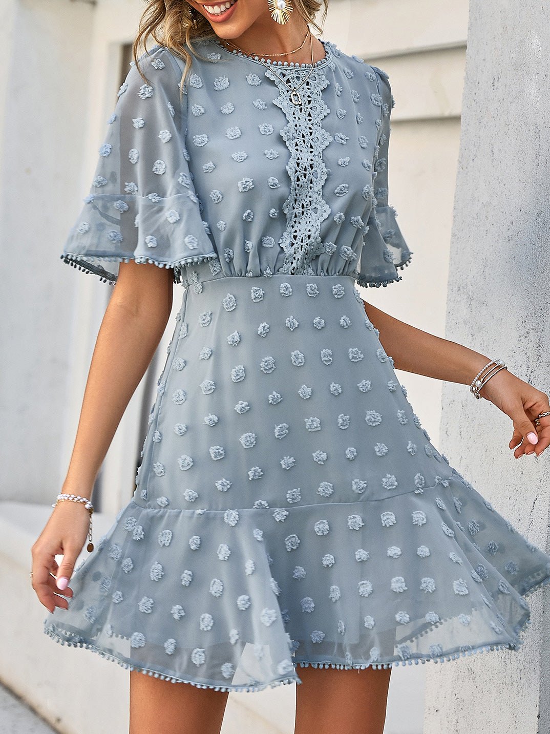 Swiss Dot Crochet Lace Panel Flutter Sleeve Pom Pom Trim Mini Dress 5