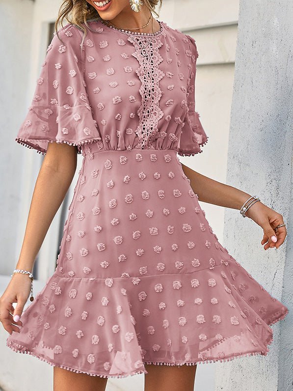 Swiss Dot Crochet Lace Panel Flutter Sleeve Pom Pom Trim Mini Dress 7