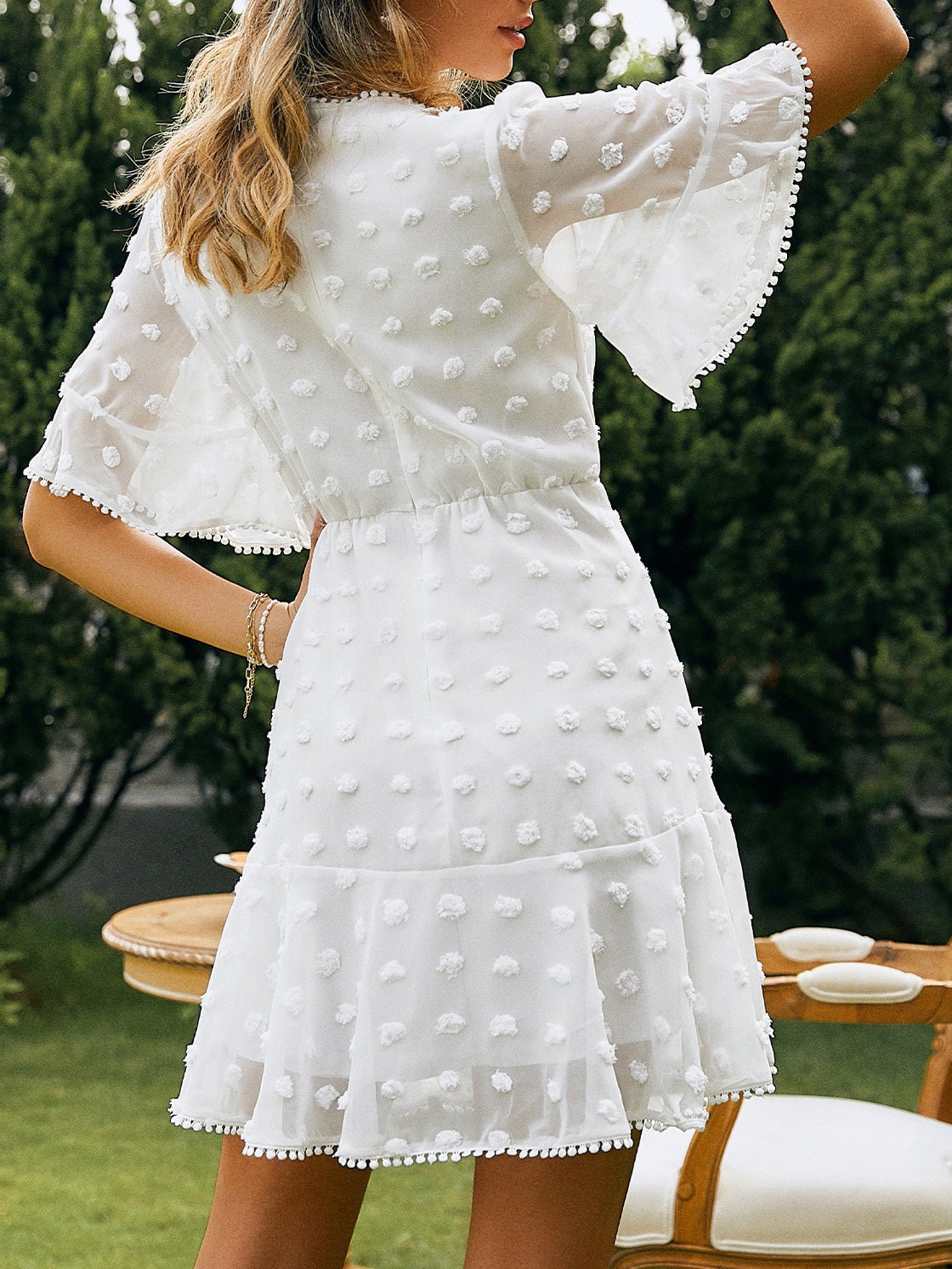 Swiss Dot Crochet Lace Panel Flutter Sleeve Pom Pom Trim Mini Dress 3