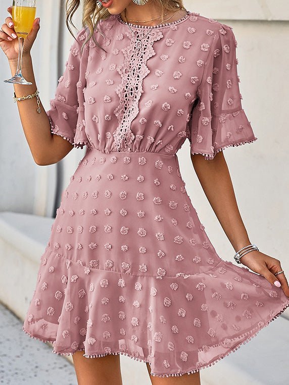 Swiss Dot Crochet Lace Panel Flutter Sleeve Pom Pom Trim Mini Dress 4
