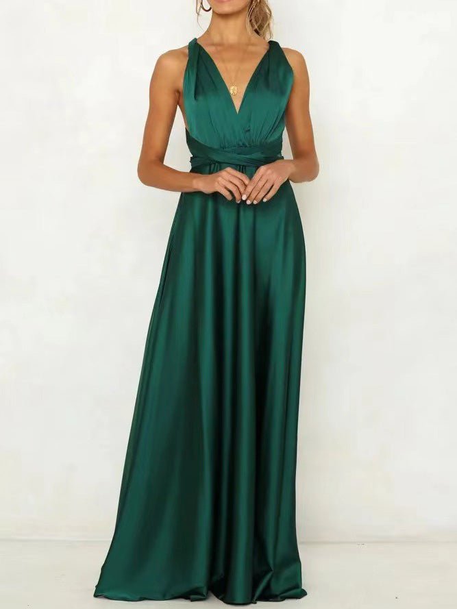 Satin Backless Criss Cross Strap Bow Tie Back Flared Maxi Gown 2