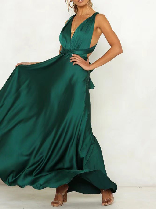 Satin Backless Criss Cross Strap Bow Tie Back Flared Maxi Gown 3