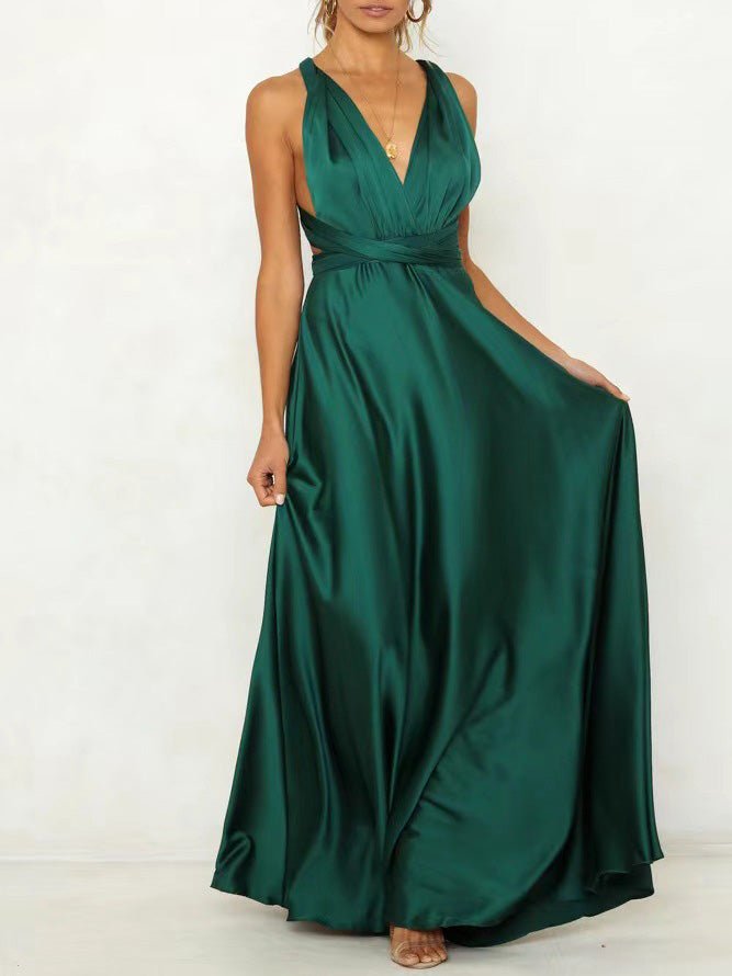 Satin Backless Criss Cross Strap Bow Tie Back Flared Maxi Gown 4
